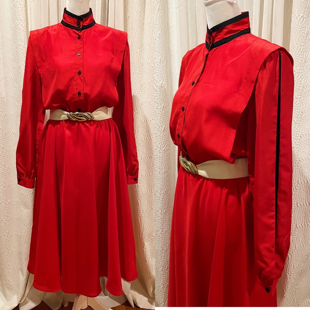 Vintage 80s The Kollection Ltd Red and Black Dress w/ Bishop Sleeves